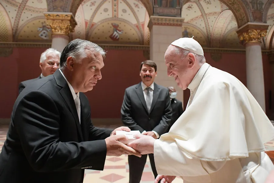 Pope Francis greets Hungarian Prime Minister Viktor Orbán in Budapest, Sept. 12, 2021.?w=200&h=150